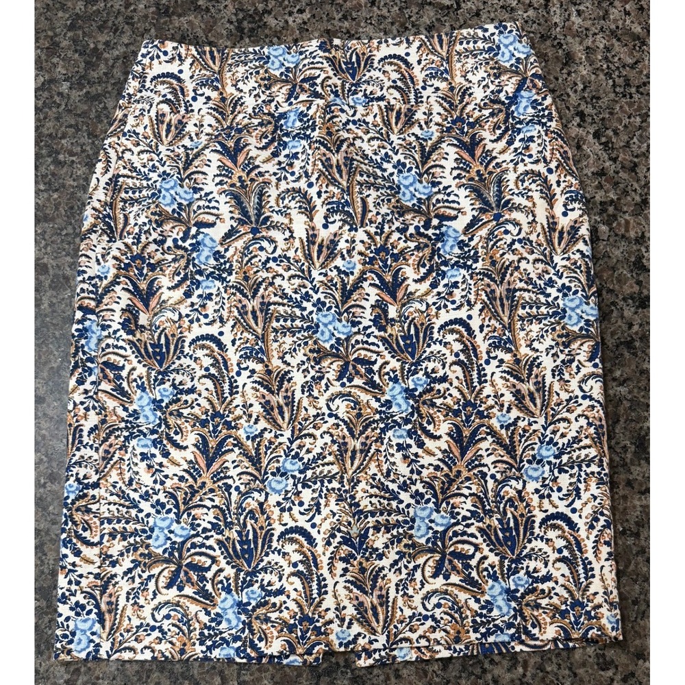 Ann Taylor Blue Tan Paisley Floral Cotton Pencil Skirt Size 4 Lined Side Zip